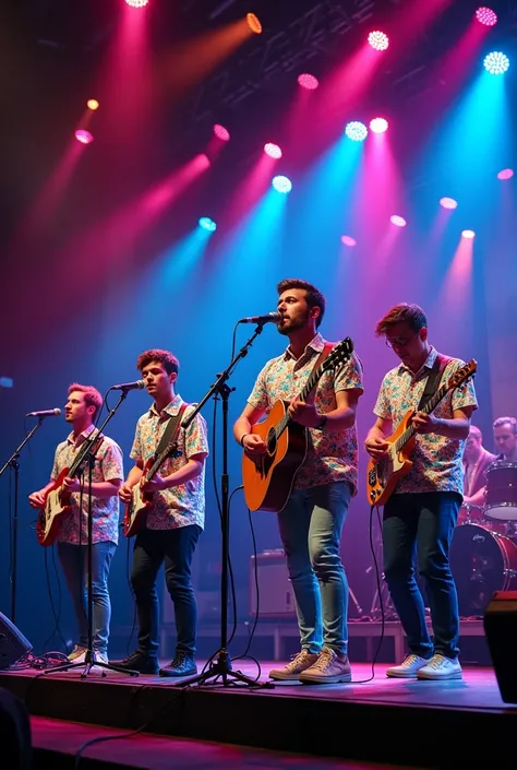 Around stage concert Band, The Floral Shirts, 5 performers wearing floral shirt