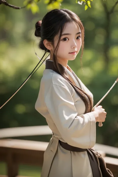 8k, RAW photo, best quality, masterpiece:1.2), (realistic, photo-realistic:1.4), (extremely detailed 8k wallpaper), japanese 20 age woman,Ultra-detailed cute face, Detailed eyes, Double eyelid,(kyudo:1.2),has a kyudo bow,full body,smail face,playing a bow