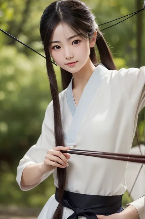 8k, RAW photo, best quality, masterpiece:1.2), (realistic, photo-realistic:1.4), (extremely detailed 8k wallpaper), japanese 20 age woman,Ultra-detailed cute face, Detailed eyes, Double eyelid,(kyudo:1.2),has a kyudo bow,full body,smail face,playing a bow