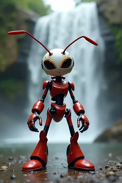 Ant with robo style in red and white colour stand front of waterfall 