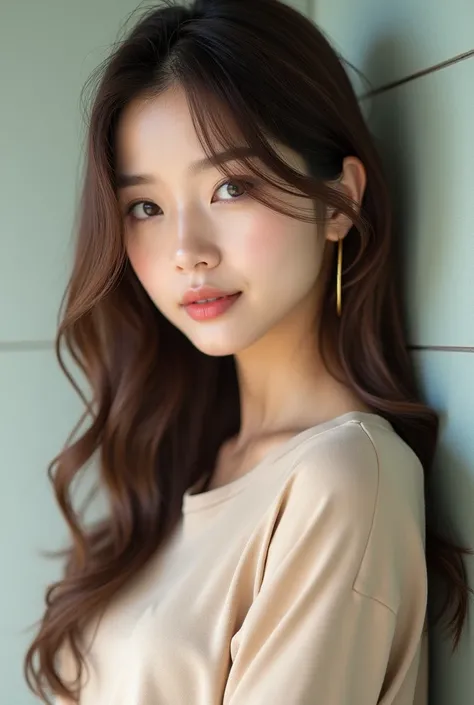 high resolution、A transparent Japanese woman、Ima-ish、Elegant、White Shirt、looking at the camera、body is angled、smile、Moist and shiny hair、Thready hair、cute、Brown Hair、Beautiful young woman who looks like a model、Leaning against a wall、Big eyes、Glossy makeup...