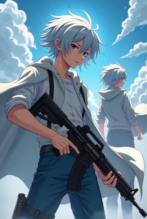 、Assault rifle、youth、Controlling the Wind、anime、Silver Hair、1、Height: 170cm、looks strong、Side view、The gaze is this way、Back view