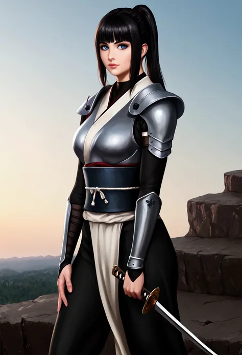 1 girl standing on a cliff wearing samurai armor, black ponytail hair, blue eyes, beautiful face, holding a katana, (realistic b...