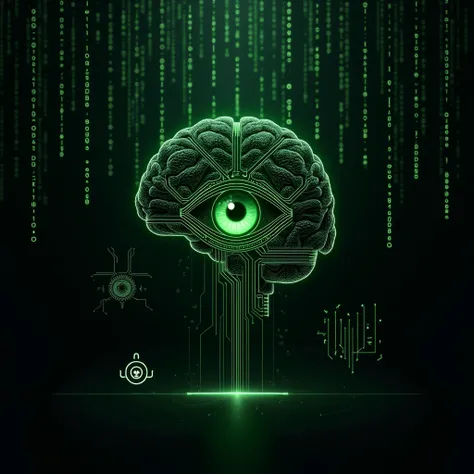 Create a captivating digital artwork featuring a centered, stylized futuristic eye. Alternatively, you can depict a brain made of intricate circuits. Set the backdrop as a Matrix-like binary code with green numbers and letters against a black background at...