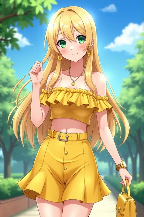 Create a digital art piece featuring a beautiful anime-style character standing in a bright and cheerful outdoor setting. The character is a young woman with long, flowing blonde hair that glistens in the sunlight. She has vibrant green eyes and a warm, in...