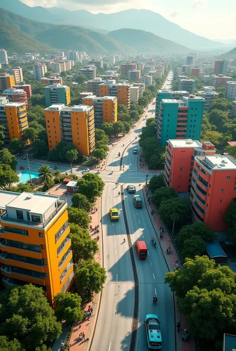 Aerial view of the future city of Port-au-Prince, Haiti. Splendid view, colored, Green nature,  les routes bien tracées, les maisonnettes coloredes, Les passants, the cars. fabuleux, captivating. Imaginaire. I call on your engineering expertise 