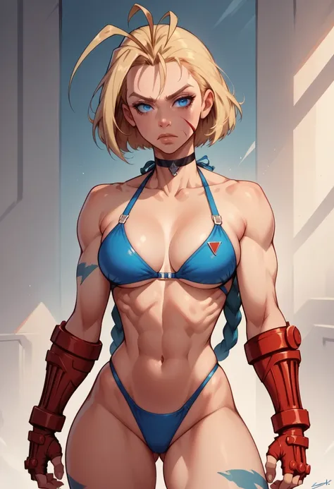 cammy sf6, choker, 1 girl, standing alone, looking ahead at viewer, blue colored eyes, scar on the face, red gloves, scar on cheek, antenna hair, hand on hip, black choker, hair blonde, gloves fingerless, shorth hair, tummy, (((standing backwards))), big-a...