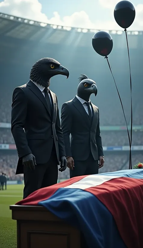 a black male hawk, muscular, puffed out chest, black suit, next to a beautiful muscular fish, puffed out chest, black suit, inside a soccer stadium, everyone is sad seeing a coffin with a flag over it highlighted in the colors blue, white, red, black ballo...