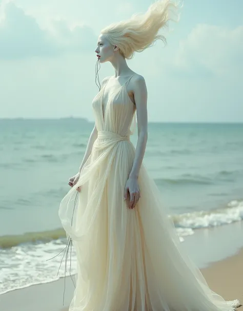 A surrealistic full body photograph of an elegant female humanoid creature with a long elongated neck, white skin and dressed in a flowing gown on the beach. Her head is completely covered by pale fabrics that cover her eyes. She has two very thin tentacle...