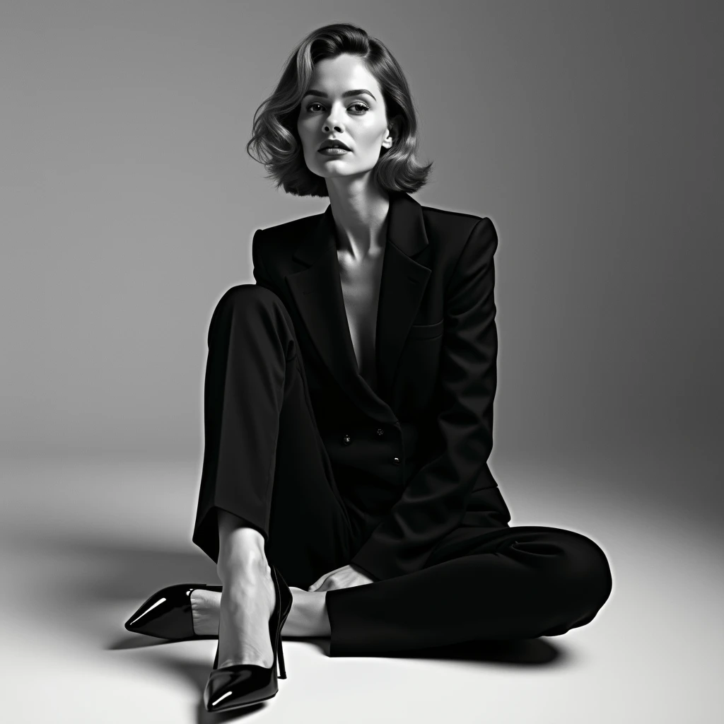 arafed woman sitting on the floor in a black and white photo, a black and white photo, a character portrait, by James Baynes, girl in suit, woman is sitting, elegant girl in urban outfit, editorial model, girl in a suit, pointed high heels