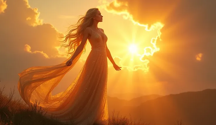 A stunning goddess with glowing, sun-kissed skin and long, golden hair stands on a hilltop, bathed in the first light of dawn. She wears a flowing, translucent gown that clings to her curves and shimmers with golden sparkles. Her eyes are bright and full o...