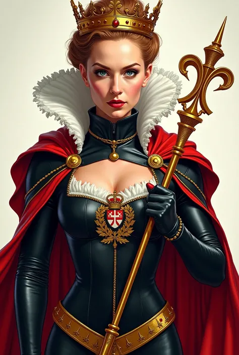 Generate an image of Queen Elizabeth I, the legendary monarch, as a regal superheroine. She wears a suit with a stylized royal crest on her chest, and her eyes gleam with strategic intelligence. Her costume is a fusion of Renaissance and modern elements, c...