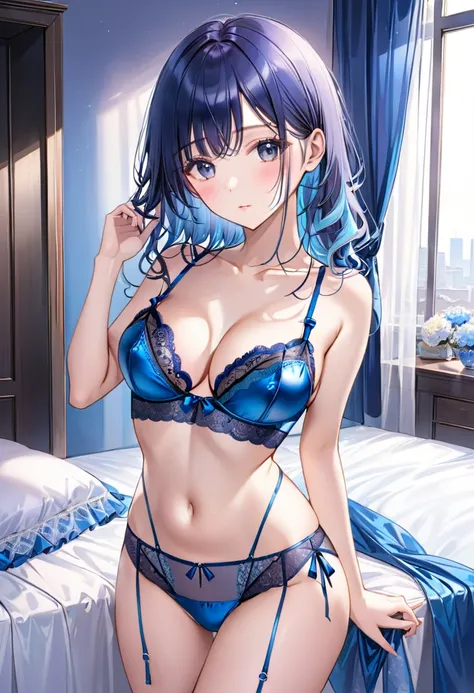 青いロングドレスとガーターベルトを着たwomanが写真撮影をしている, wearing sexy lingerie, lingerie, bright blue shiny lingerie, woman, Intricate and elaborate lace set, laced lingerie, iridescent shiny sheer lingerie, 3 pieces, lingeries beauty, Sexy push up bra, wavy lingeries, lingeri...