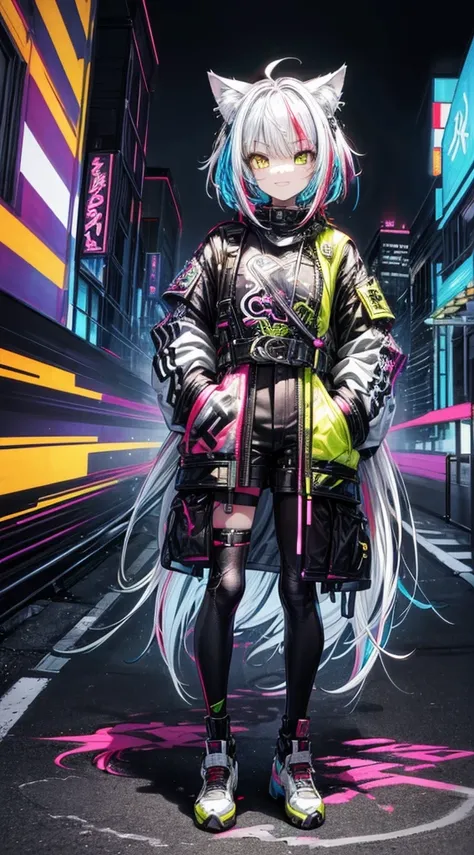 (Maximalism:1.5), (Highest quality, Super detailed :1.1),
Anime Art ,Glitch Art,(Bright colors:1.5),(Vivid Ink:1.3), 1 girl with white medium hair,Cat ear, View your viewers, Grin, black and white foudre, street,Put your hands in your pockets,Cityscape,Wid...