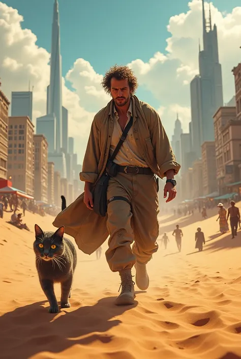 A man is in desert he found a cat. Cat is a superhero. 
Cat help him to go from desert to city. And they are in a city 