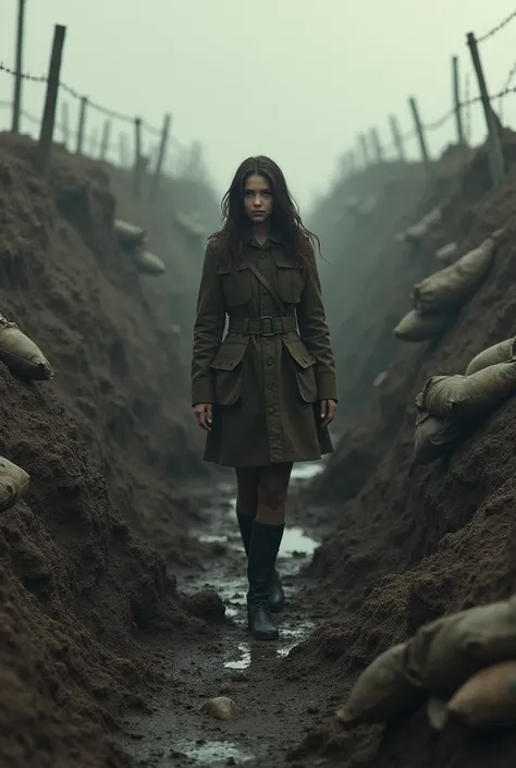 A girl in the middle of a trench field in World War II 