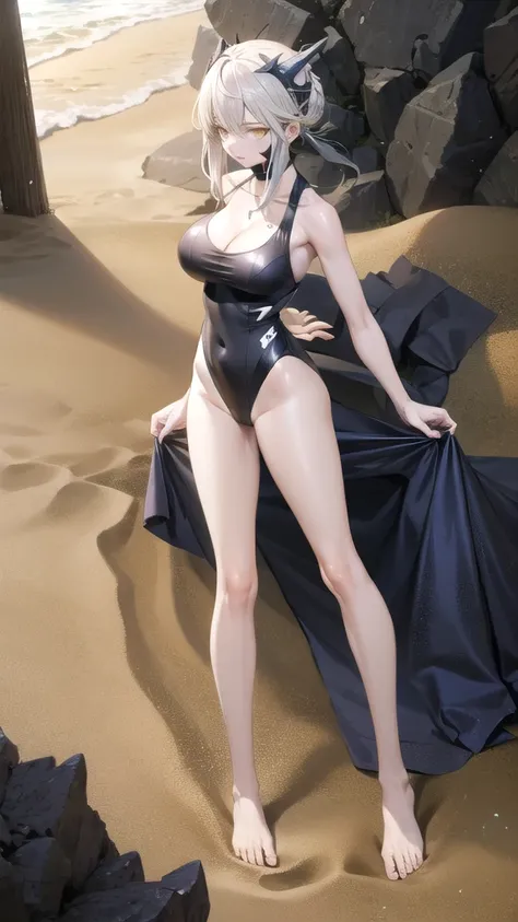 Silver-haired busty beauty，Black one piece swimsuit，cleavage，slim figure，Thin legs，barefoot，Sunlight，sand stall