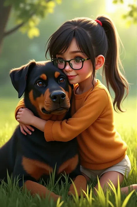 A girl with black hair, black ponytail, with glasses, hugging a rottweiler mixed Belgian dog