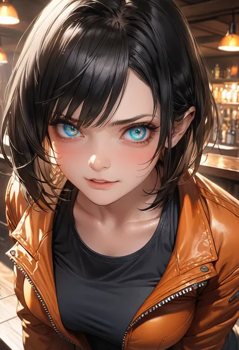 illustration, detailed illustration, ultra detailed, dynamic angle, 40 year old woman, short black hair, hair with cyan streaks, mismatched eyes, orange eye, blue eye, lean, medium breasts, black leather top, orange leather jacket, annoyed expression, cowb...