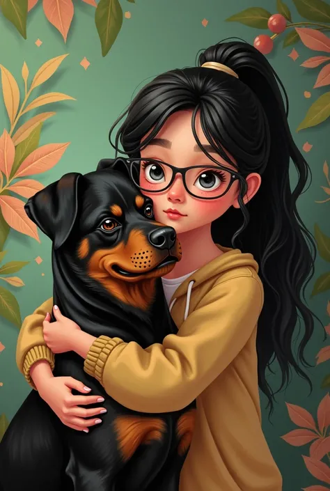 A girl with black hair, black ponytail, with glasses, hugging a rottweiler mixed Belgian dog, wallpaper