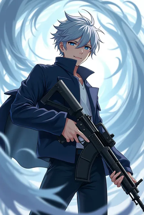 、Assault rifle、youth、Controlling the Wind、anime、Silver Hair、1、Height: 170cm、Fashionable clothes、neutral、Shota、cool、Beloved character、Fearless smile、male、youth