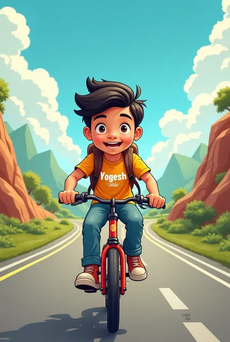 1 boy travel on the cucle his name is yogesh written on the t shirt background text enjoy life 2d cartoon background is highway 