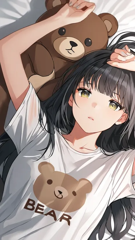 Blonde girl with long black hair wearing a t-shirt, shirt and pants. The shirt is open. The t-shirt has a bear drawn on it. She is holding a bear and lying down.