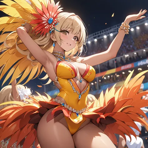 ((Highest quality)), ((masterpiece)), (detailed), （Perfect Face）、The woman is Reika Aoki, a Latin American with brown skin and medium-long blonde hair.、A woman is dancing samba passionately and attractively in a samba costume at the Rio Carnival