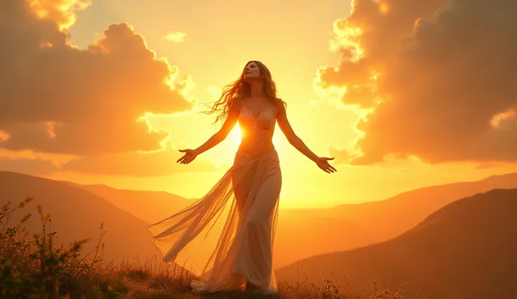 A stunning goddess with glowing, sun-kissed skin and long, golden hair stands on a hilltop, bathed in the first light of dawn. She wears a flowing, translucent gown that clings to her curves and shimmers with golden sparkles. Her eyes are bright and full o...