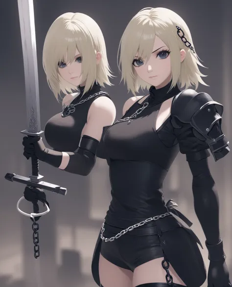 blonde woman in black cosplay holding a sword and chain, nier inspired, Tifa Lockhart with white hair, nier, 2b, 2 second, 2 second from nier automata, nier automata 2b, never self-loved, nier : inspired automata, nier:inspired automata, nier 2 second, 2B ...