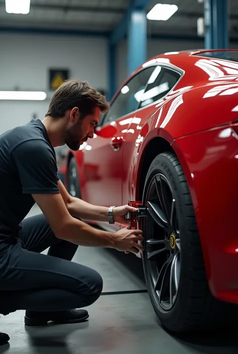 photo of a guy calibrating the tire with a red car