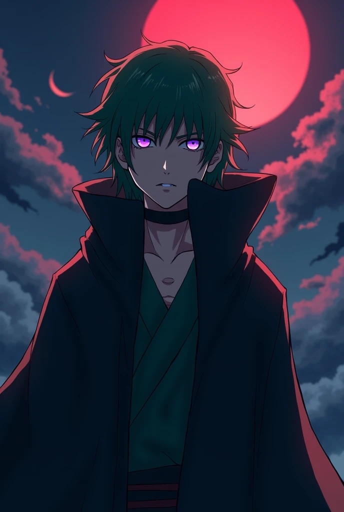 (masterpiece), (best quality), ultra high res, professional artwork, ultra detailed, intricate, detailed face, perfect lighting, 1boy, green hair, (purple eyes), AKATSUKI OUTFIT, ninja, black cloak, black coat, high collar, collarbone, head, night, night s...