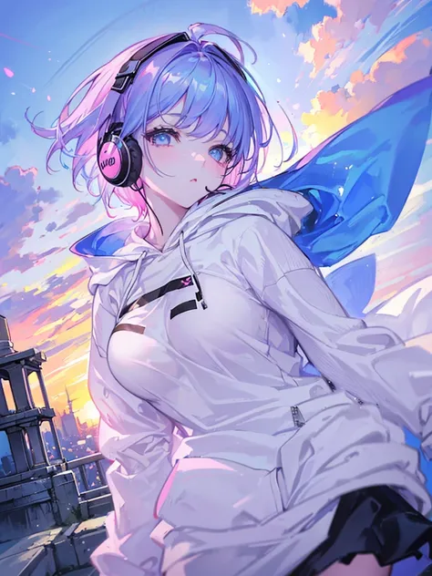 masterpiece, Highest quality, One Girl, Pink and inner color is blue hair, Mouth closed,, View your audience, , short hair, Sunset alone, Upper Body,  ((Wearing a plain white hoodie)) 、((White headphones worn on ears)),moderate bust、German descent、Urban Ba...