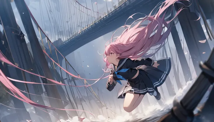 One Girl、Pink Hair、Long Hair、Black Sailor Suit、Sailor uniform with blue ribbon、Running across a suspension bridge、Desperate look、The area under the suspension bridge is shrouded in mist.、The suspension bridge is so long that you can&#39;t see the end