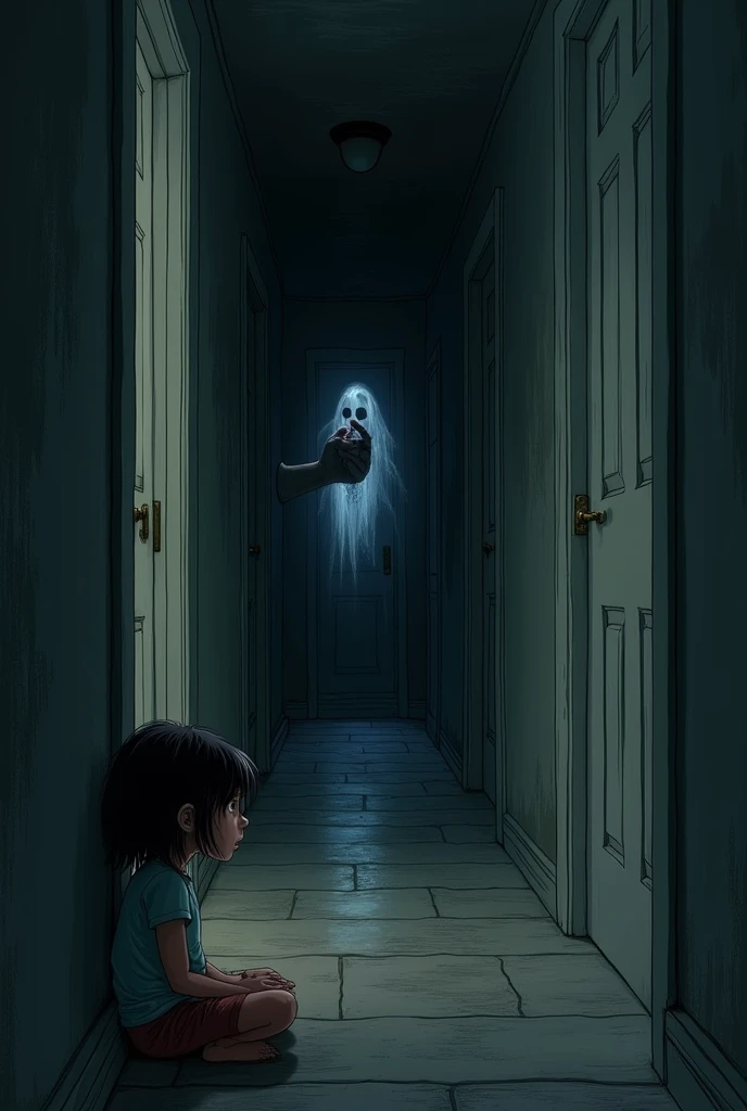 Make a drawing based on a girl&#39;s fear of the hallways of houses, where she sits on the floor leaning against the wall in the middle of a hallway and out of the corner of her eye sees the darkness of the hallway, recreating a giant hand that pulls her i...