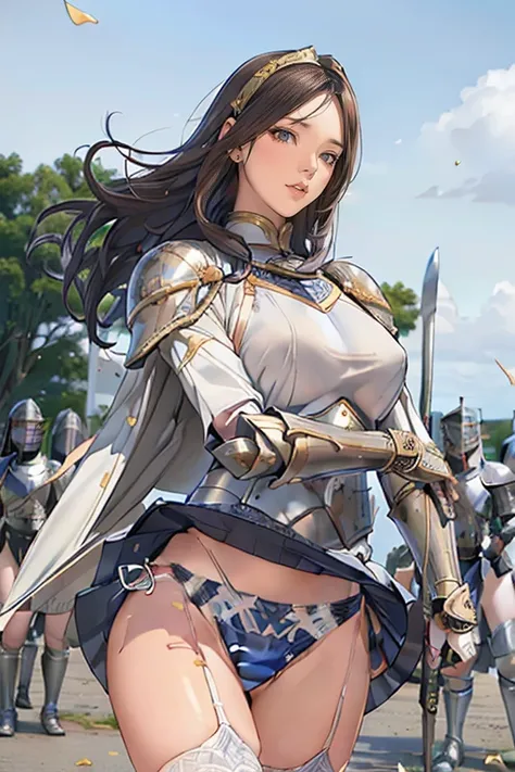 Very beautiful woman、Slender women、(Detailed face)、Realistic Skin、((Holy Knight)), ((Gold and navy platinum armor))、((((Extremely detailed and intricately decorated armor:1.1))))、((Delicate photo))，(Girl Astepeace RAW Photo Details:1.25), (Highest quality:...