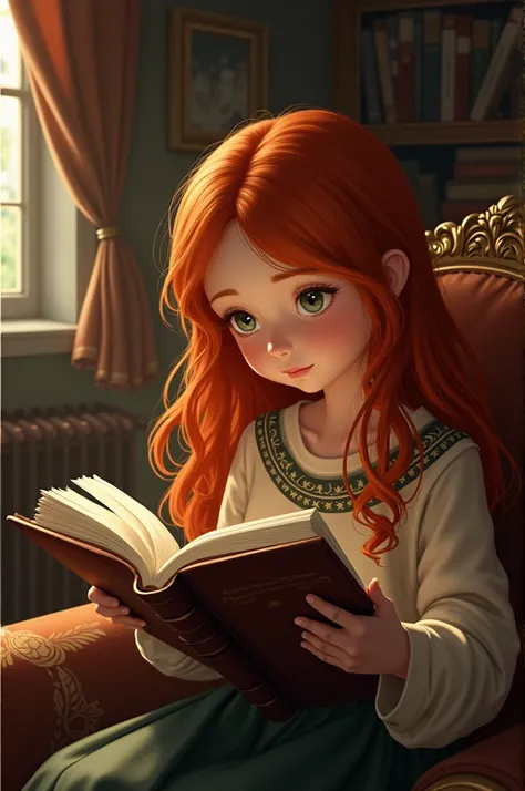 Girl with red hair reading a book in the room