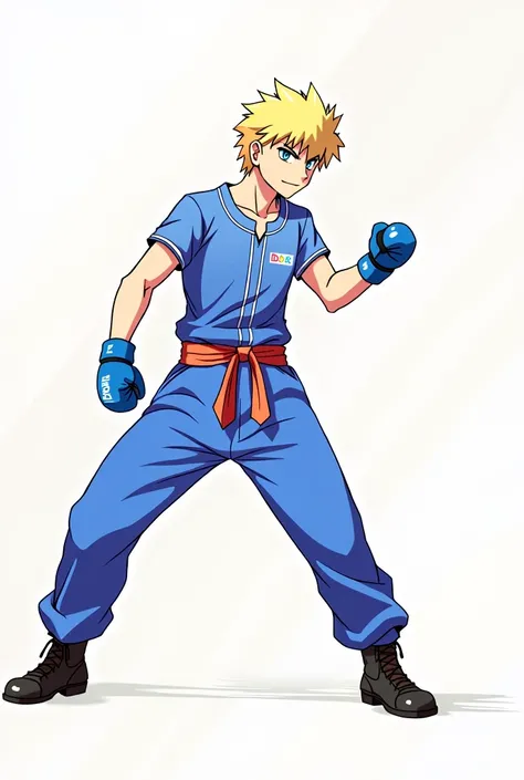 Young blonde, boxer, wears blue clothes, has blue boxing gloves, anime version