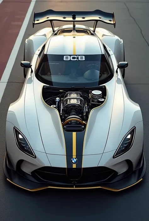  a formula 1 sports car inspired by dodge challenger, mustang,  with bmw is gtr r36 skaylina matte white color with stripes and gold details showing the engine and seagull doors 