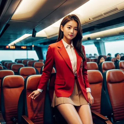 A gorgeous Thai woman with brown hair and brown skin stands confidently in an airplane aisle, dressed in a sleek, tailored red blazer paired with a white blouse and a knee-length red skirt. Her hair is neatly tied back in a ponytail, and she wears polished...