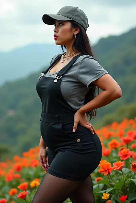 full-body portrait photograph of a young java woman hijab with polo Cap, wearing pinafore  tight-fitting , hotpant with leggings, oversized_breasts.", she is hiking, beautiful_breasts. sensual body, in a unique, photoshot model, ((In front of flowers in to...