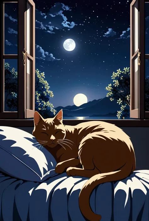 Cat sleeping on a pillow,  ,Windows with a beautiful view, Night Sky, moon