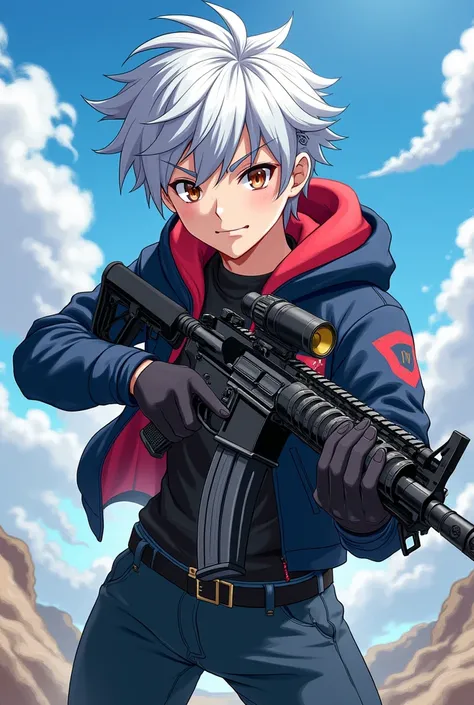 、Assault rifle、youth、Controlling the Wind、anime、Silver Hair、1、Height: 170cm、Fashionable clothes、neutral、Shota、cool、Beloved character、Fearless smile、strongest、looks strong、AI feels thin、Copic