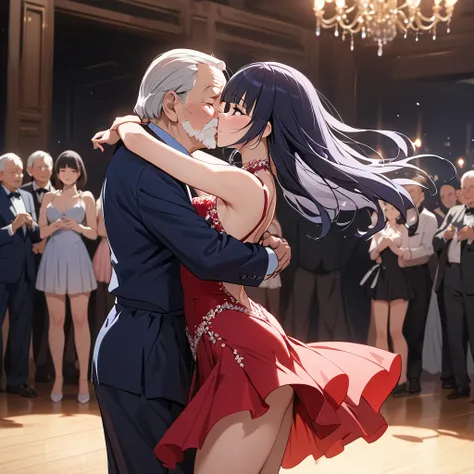 ((Highest quality)), ((masterpiece)), (detailed), （Perfect Face）、The woman is Reika Aoki with semi-long hair、The woman is wearing a beautiful, gorgeous tango costume and is dancing tango passionately while kissing an old man.