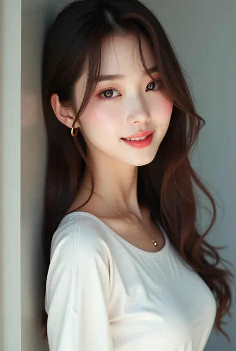 high resolution、A transparent Japanese woman、Ima-ish、looking at the camera、body is angled、smile、Moist and shiny hair、Thready hair、cute、Brown Hair、Beautiful young woman who looks like a model、Leaning against a wall、Big eyes、Glossy makeup、Outline of an inver...