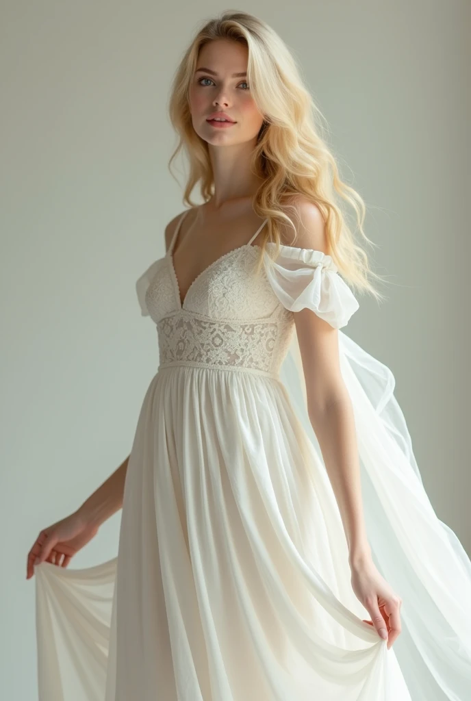 blonde woman in long white dress and well behaved, full - length portrait