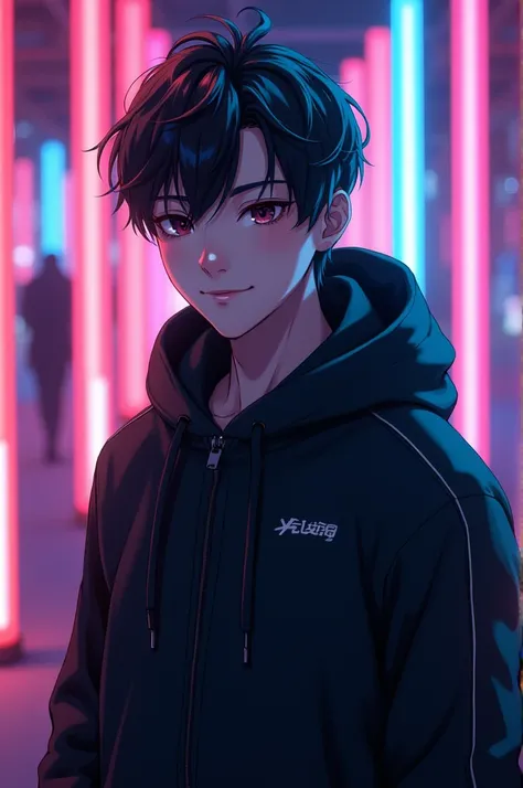 Young man with black hair and black eyes , black gamer hooded coat. Looking at the camera with a smile on a background of anime led lights 