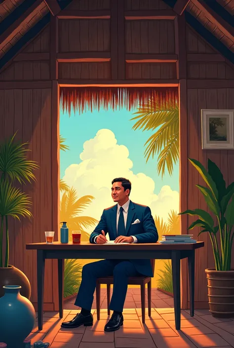 modern poster for buwan ng wika that includes the background was inside of bahay kubo with manuel quezon in the middle and infront of him was a table and he was sitting 