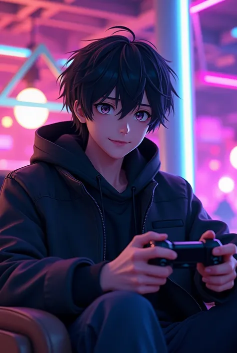 Young man with black hair and black eyes , black hooded coat sitting on a chair playing games with his controller looking at the camera with a smile in anime led lights background 