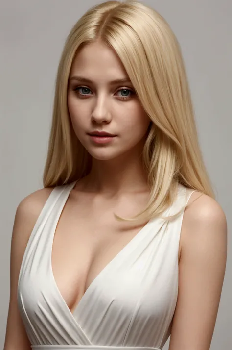 blonde woman with long white and plain dress, she is well behaved and without cleavage, full - length portrait